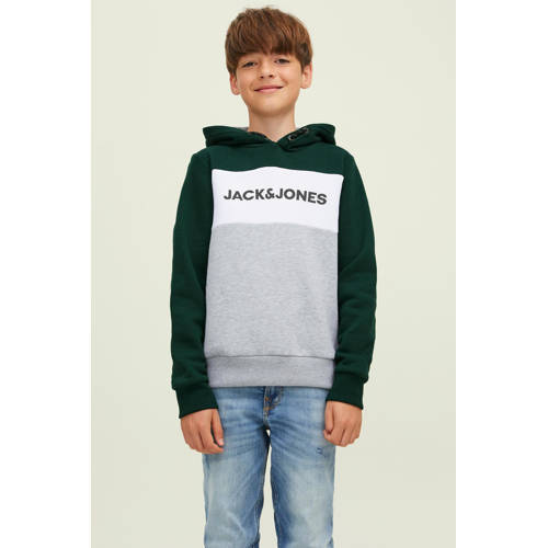 JACK & JONES JUNIOR hoodie JJELOGO met logo donkergroen/wit/grijs melange Sweater 