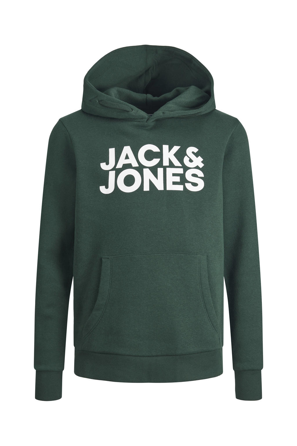 Donkergroene jongens JACK & JONES JUNIOR hoodie van sweat materiaal met logo dessin, lange mouwen, capuchon en geribde boorden
