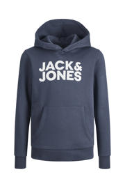 thumbnail: Grijsblauwe jongens JACK & JONES JUNIOR hoodie van sweat materiaal met logo dessin, lange mouwen, capuchon en geribde boorden