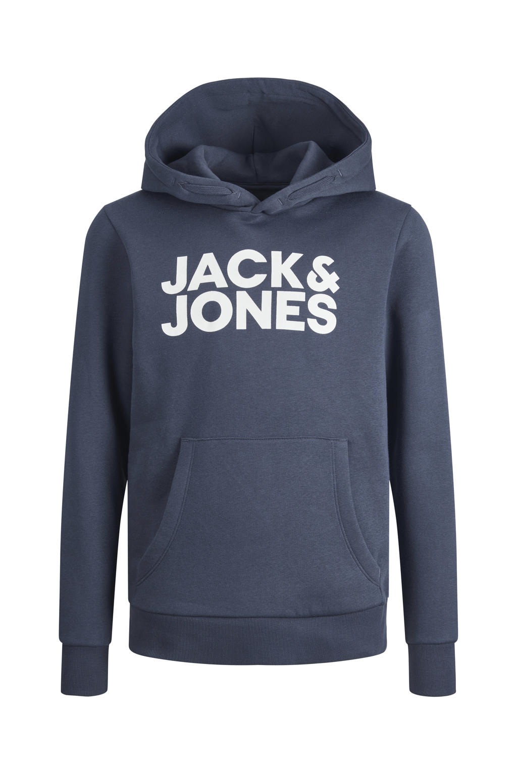 Grijsblauwe jongens JACK & JONES JUNIOR hoodie van sweat materiaal met logo dessin, lange mouwen, capuchon en geribde boorden