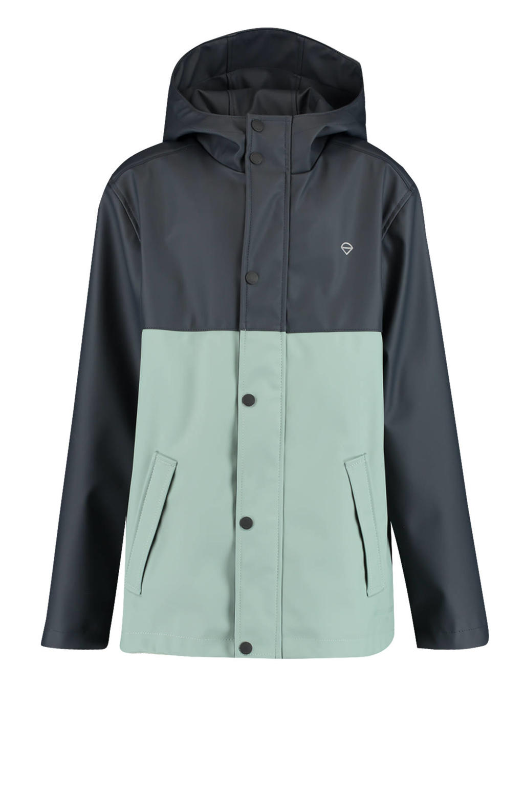 Blauwe jongens America Today unisex regenjas Jace JR van katoen met meerkleurige print, lange mouwen, capuchon en rits- en drukknoopsluiting