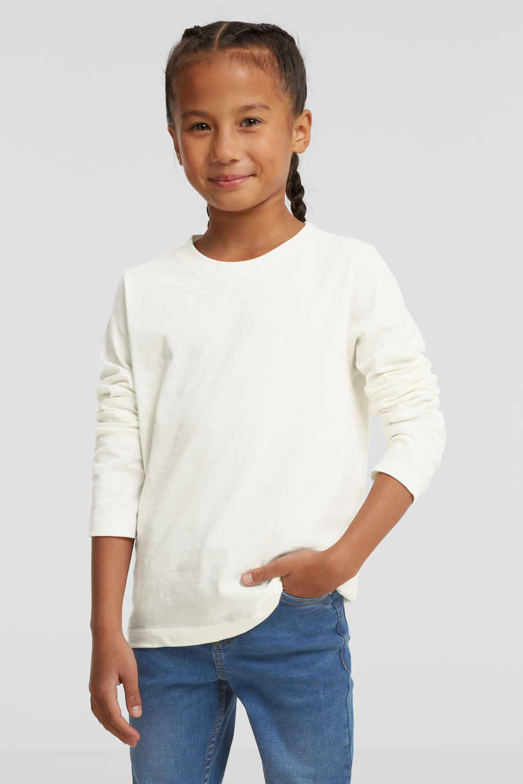 Witte meisjes anytime longsleeve T-shirt van katoen met effen, lange mouwen en ronde hals