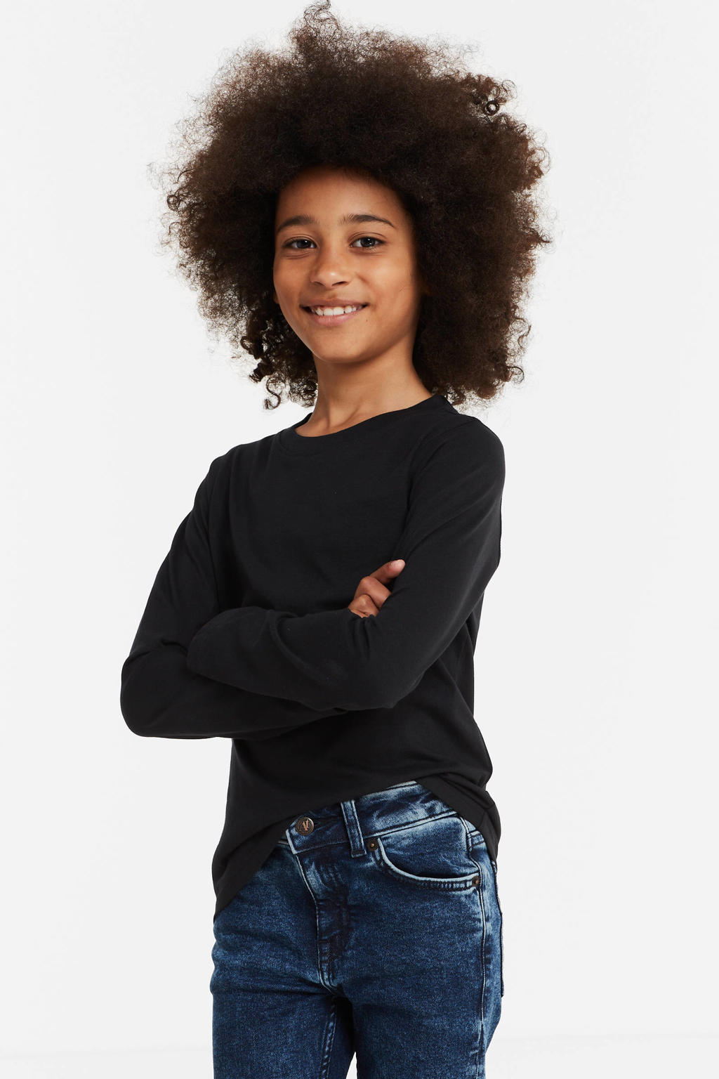 Zwarte jongens anytime longsleeve T-shirt van katoen met effen, lange mouwen en ronde hals