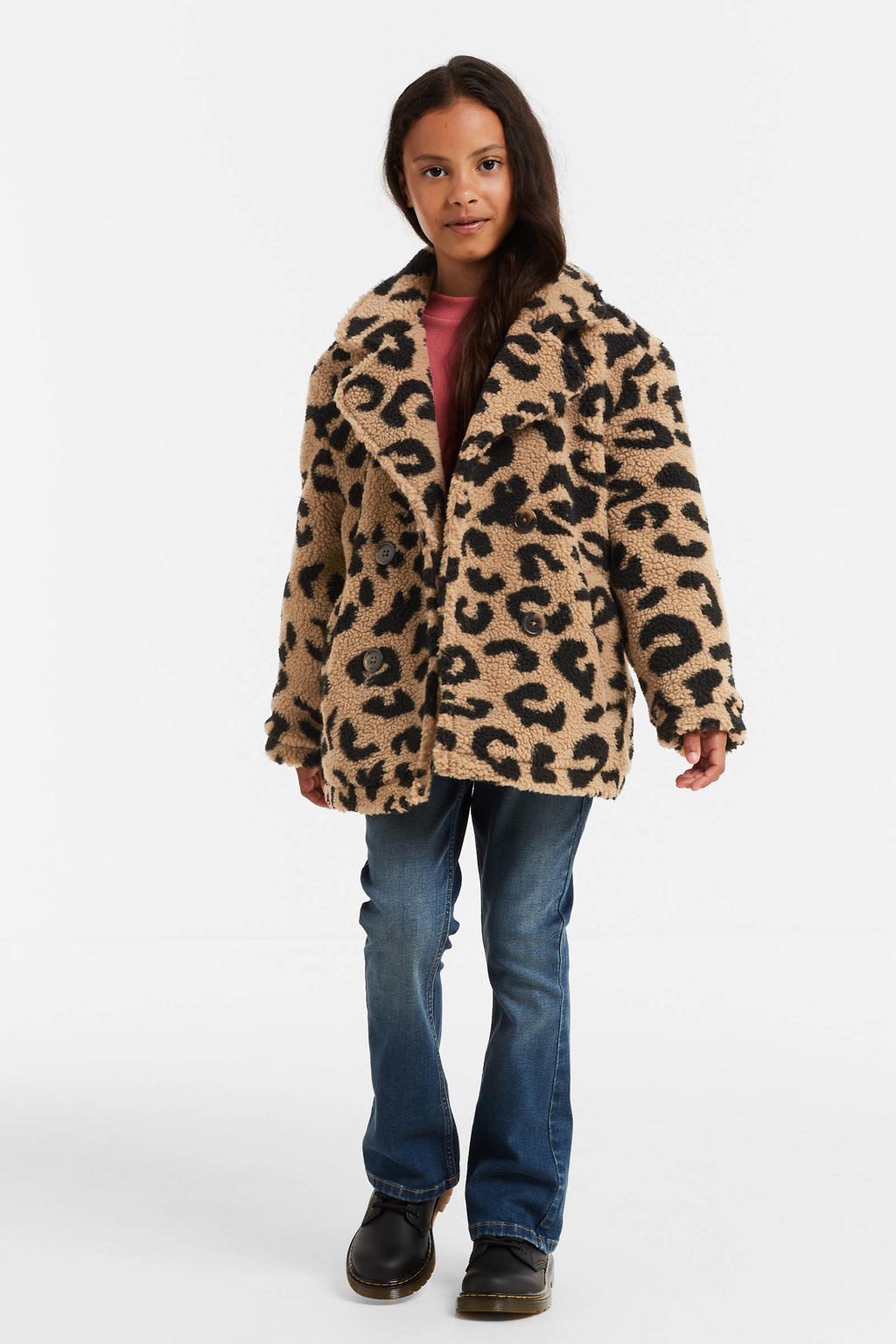 Bruine meisjes anytime teddy jas van polyester met panterprint, lange mouwen en reverskraag