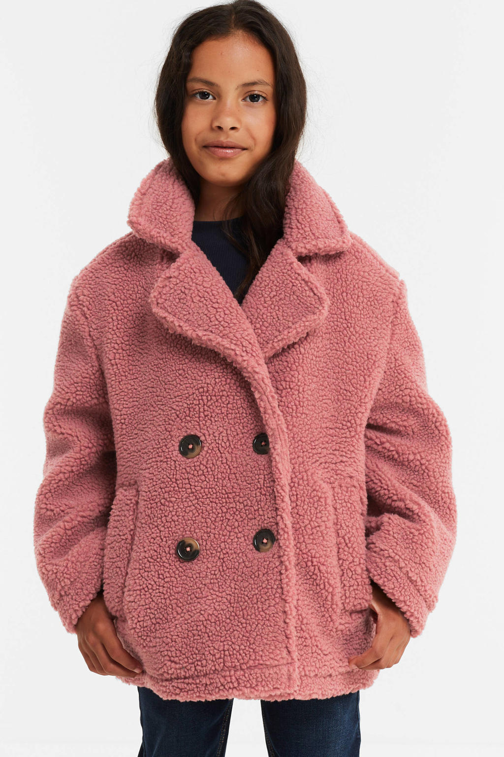 Roze meisjes anytime teddy jas van polyester met panterprint, lange mouwen en reverskraag