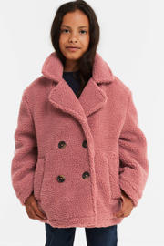 thumbnail: Roze meisjes anytime teddy jas van polyester met panterprint, lange mouwen en reverskraag