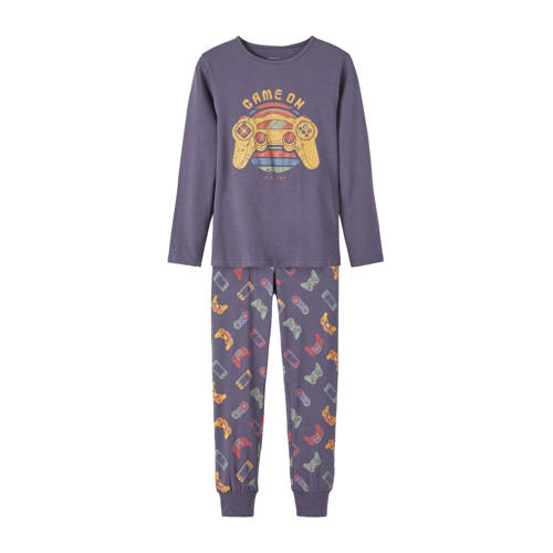 NAME IT KIDS pyjama NKMNIGHTSET met all over print grijsblauw/oranje/groen Jongens Stretchkatoen Ronde hals 