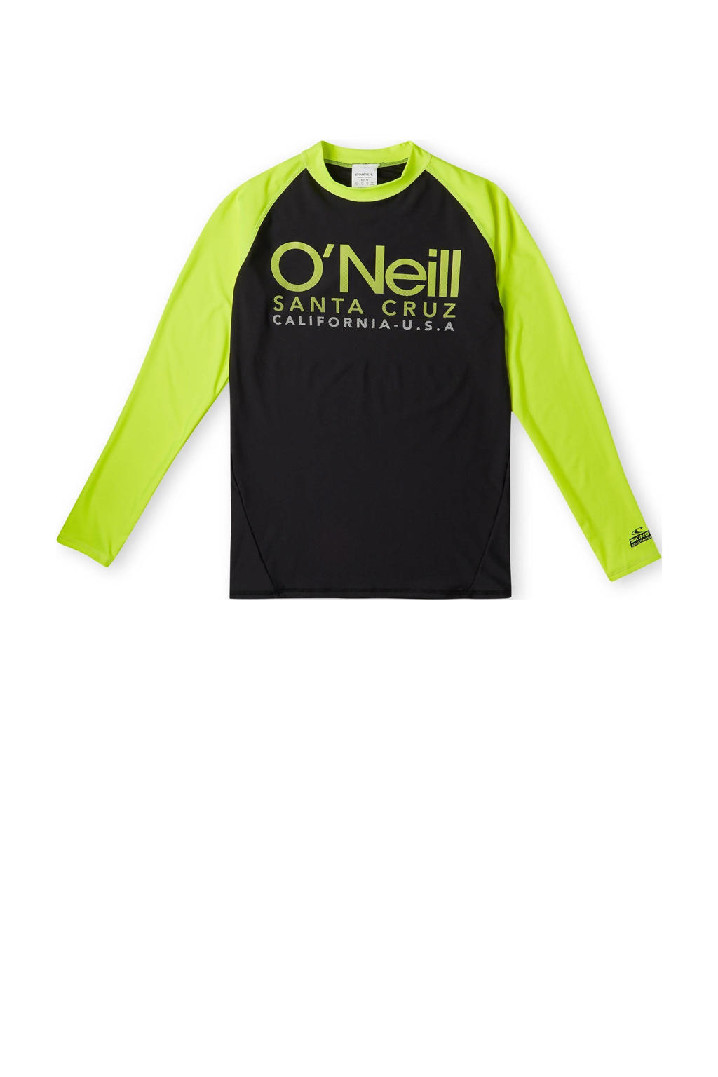 Zwart en gele jongens en meisjes O'Neill UV T-shirt Cali van gerecycled polyester met meerkleurige print, lange mouwen en opstaande kraag