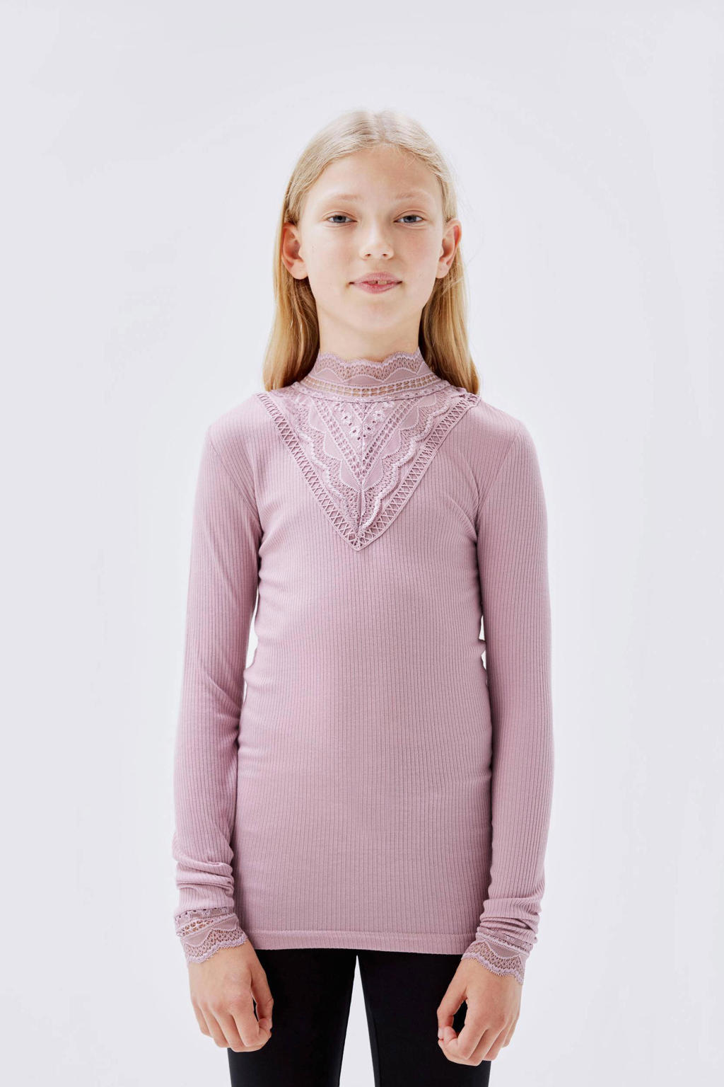 Oudroze meisjes NAME IT KIDS ribgebreide top van modal met effen, lange mouwen, opstaande kraag, elastische tailleband en kant