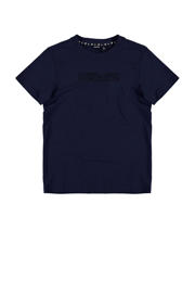 thumbnail: Donkerblauwe jongens Bellaire T-shirt van sweat materiaal met logo dessin, korte mouwen en ronde hals