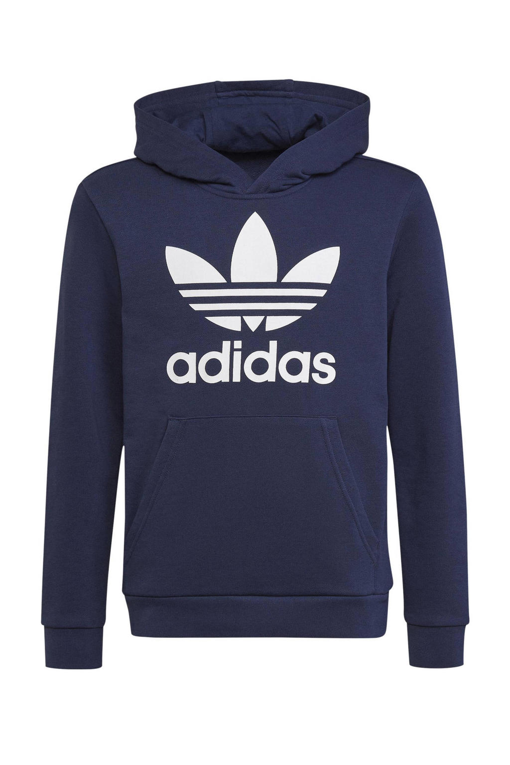 Donkerblauw en witte jongens en meisjes adidas Originals Adicolor hoodie van sweat materiaal met logo dessin, lange mouwen en capuchon