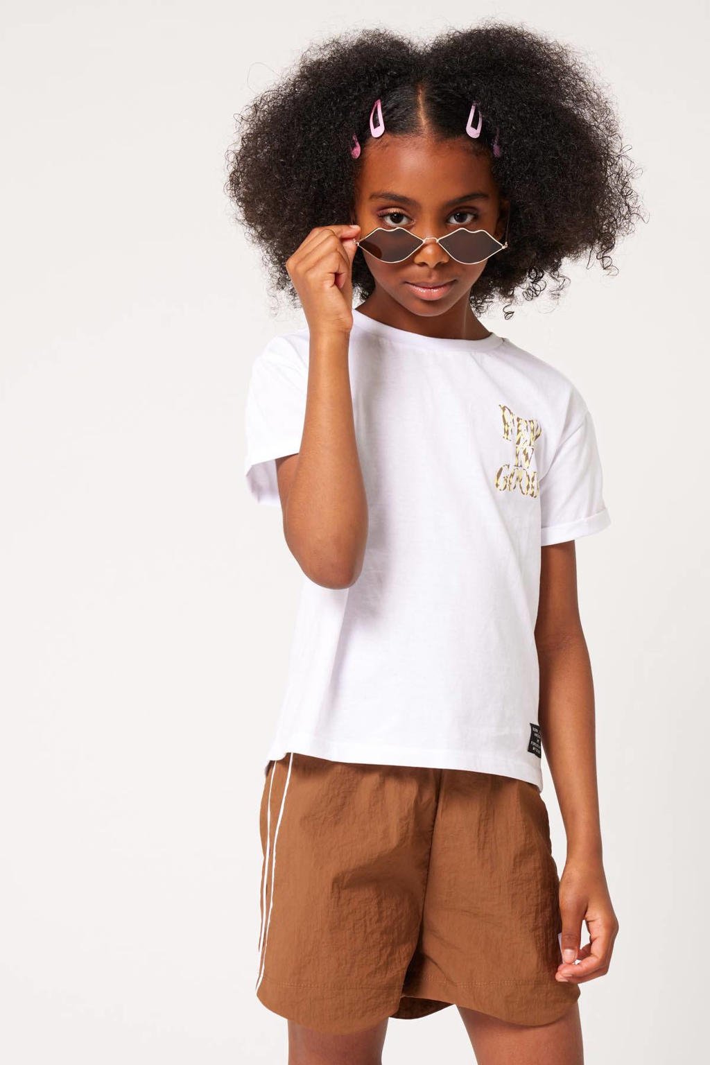 Witte meisjes CoolCat Junior T-shirt Ezgi CG van katoen met backprint, korte mouwen en ronde hals