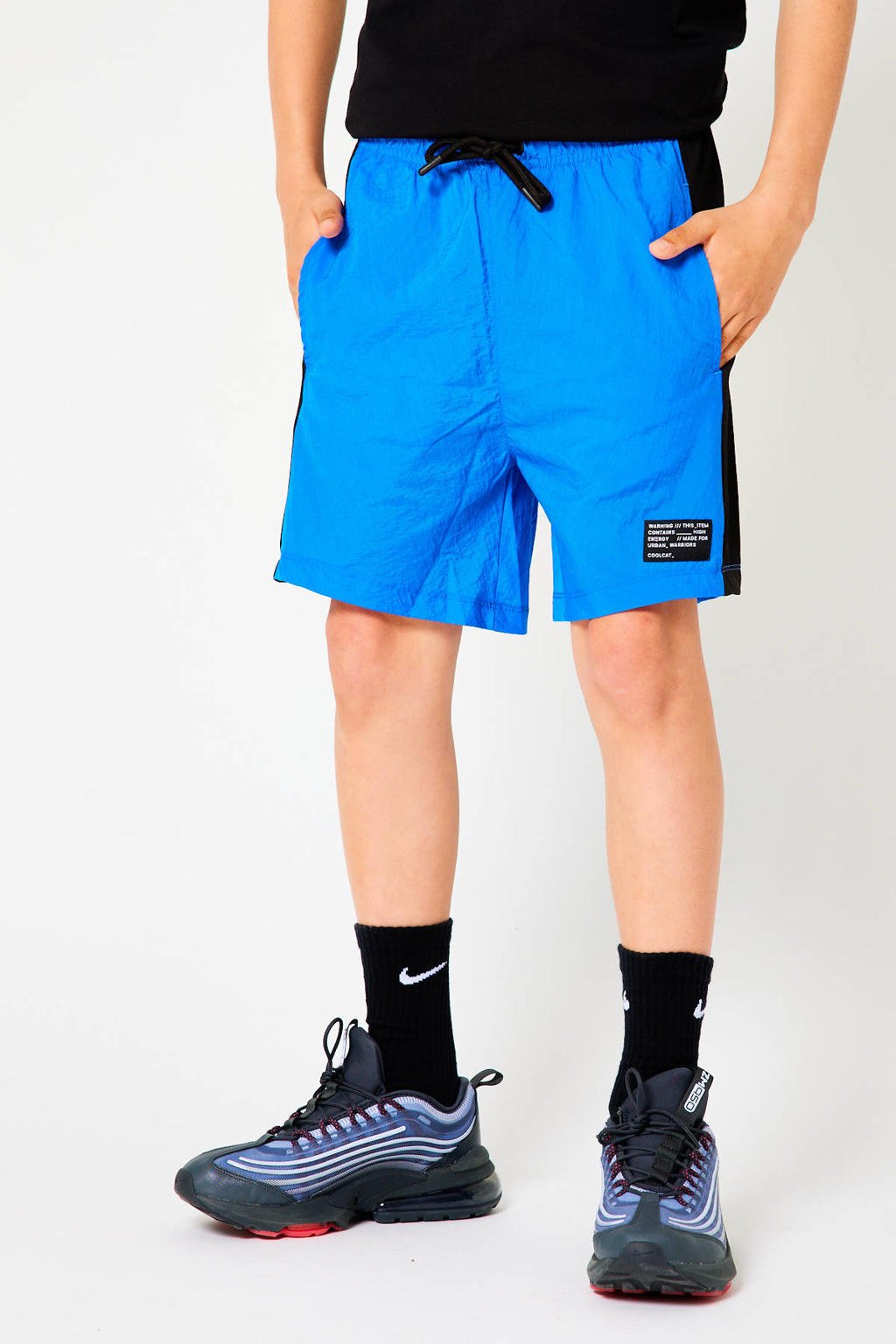 Blauwe jongens CoolCat Junior regular fit bermuda Nylson CB van polyester met elastische tailleband met koord en tekst print