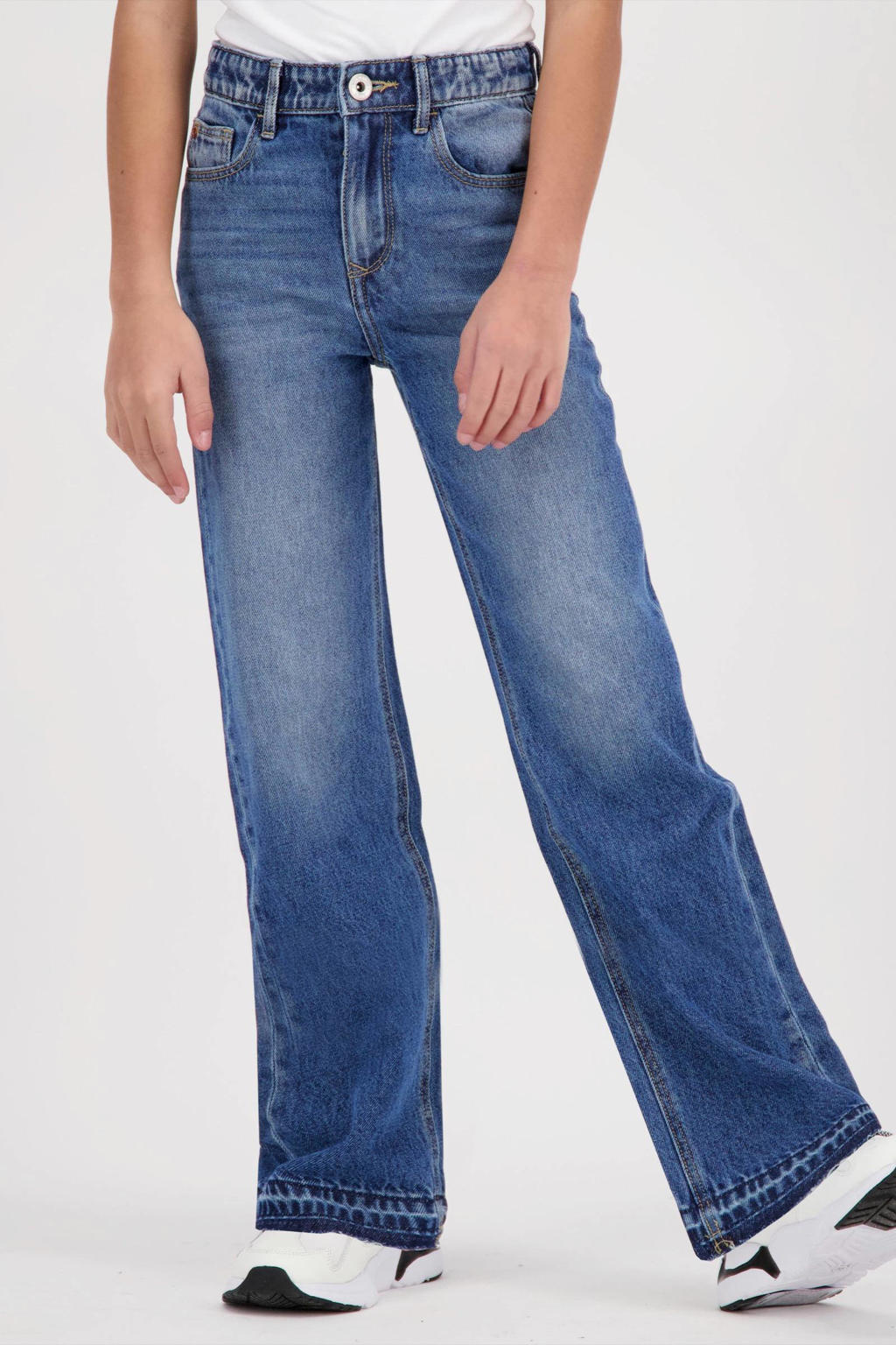 Blauwe meisjes Vingino loose fit jeans Cato met regular waist en knoopsluiting