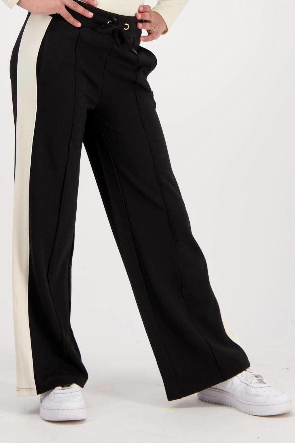 Zwart en beige meisjes Vingino loose fit broek Sevina van viscose met regular waist en elastische tailleband met koord
