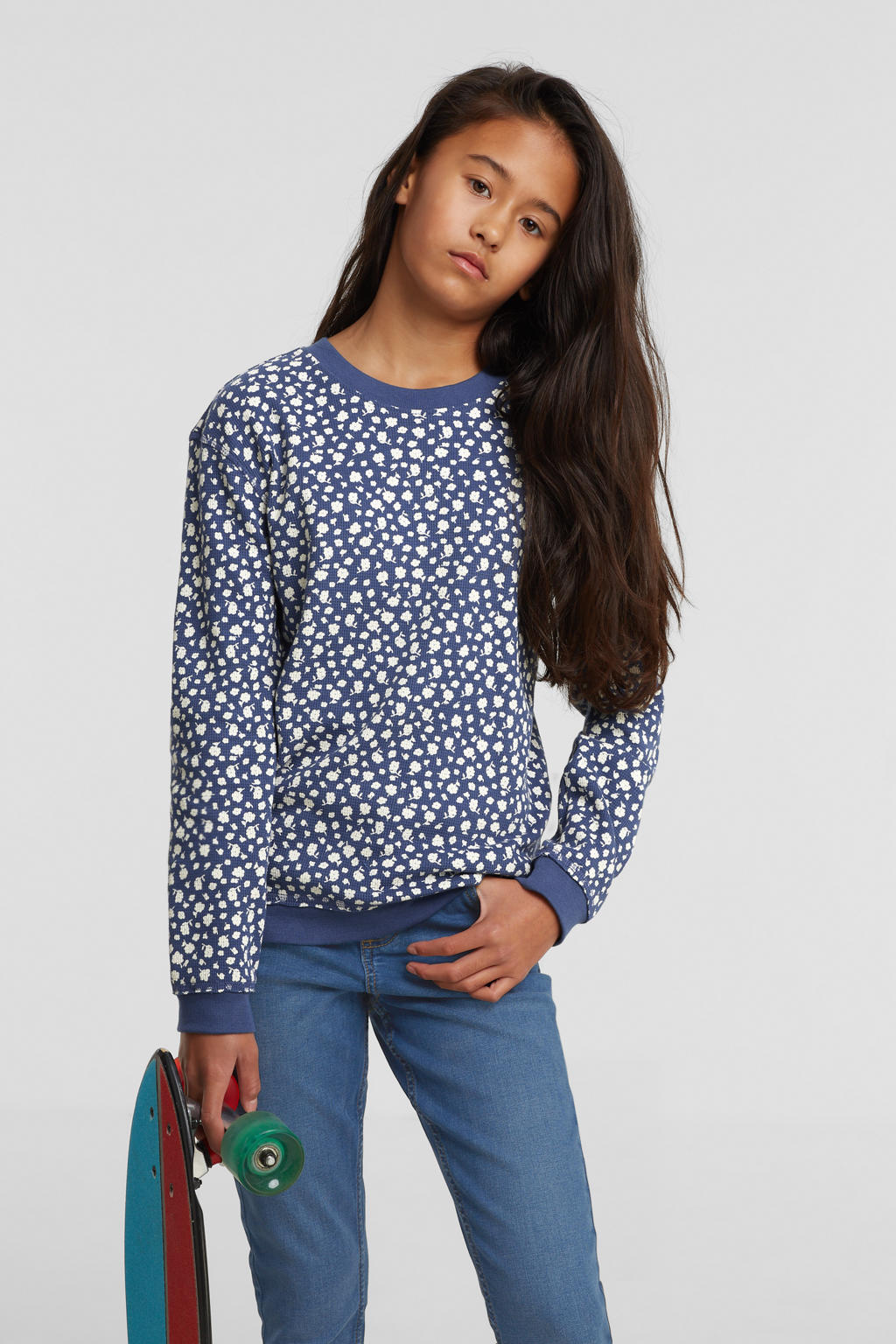 Donkerblauw en witte meisjes anytime longsleeve van katoen met bloemenprint, lange mouwen en ronde hals