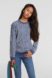 thumbnail: Donkerblauw en witte meisjes anytime longsleeve van katoen met bloemenprint, lange mouwen en ronde hals
