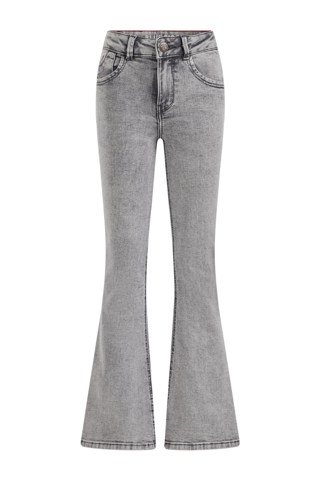 Grijze meisjes WE Fashion Blue Ridge flared jeans van stretchdenim met regular waist en rits- en knoopsluiting