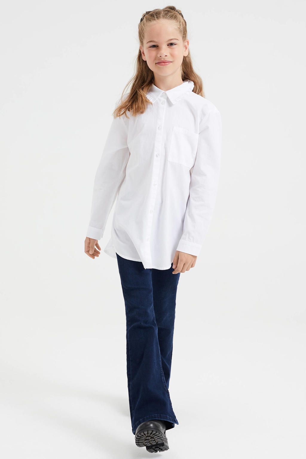 Witte meisjes WE Fashion blouse van katoen met lange mouwen, klassieke kraag, knoopsluiting en broderie