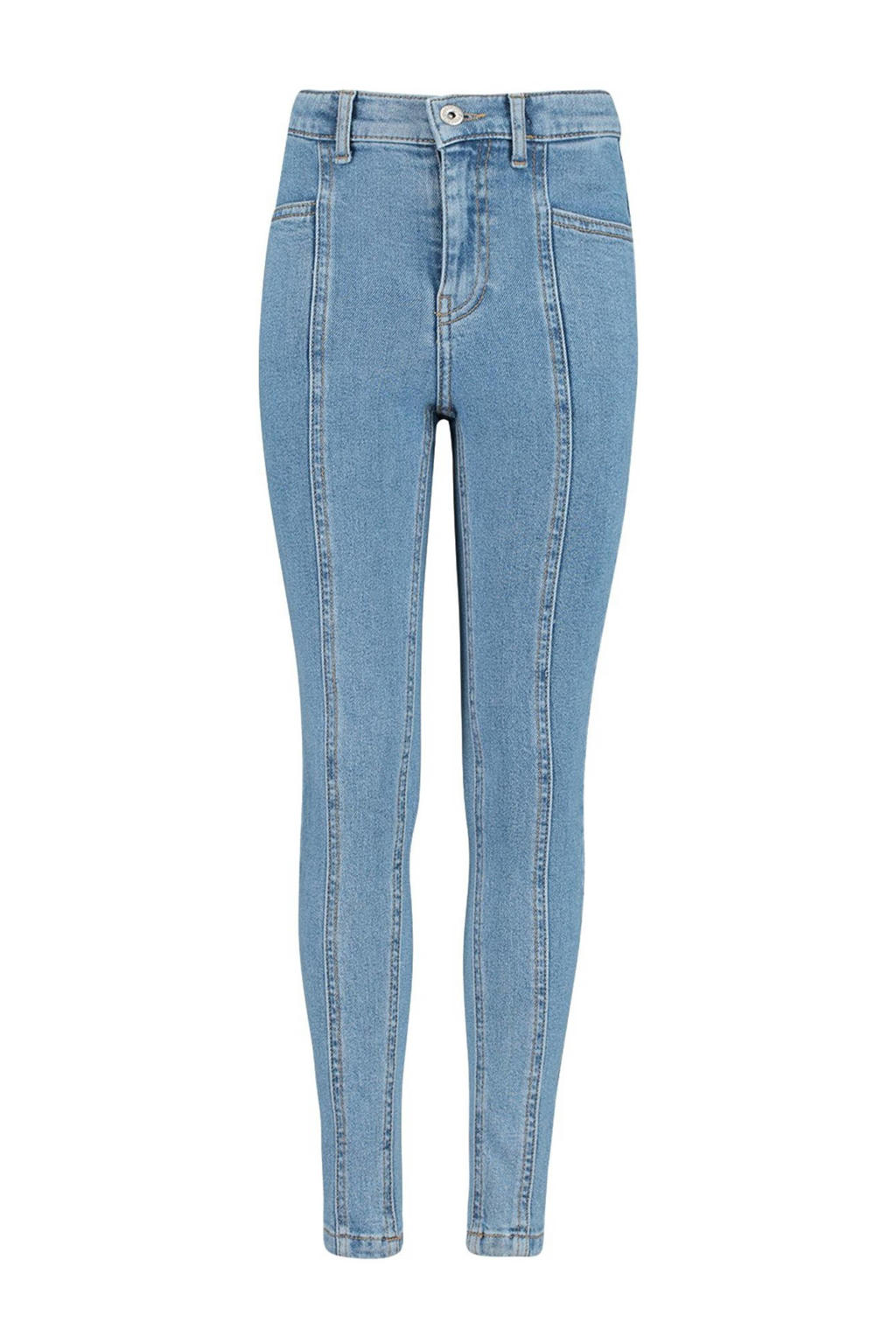 Lichtblauwe meisjes CoolCat Junior high waist skinny jeans Kitty van stretchdenim met rits- en knoopsluiting