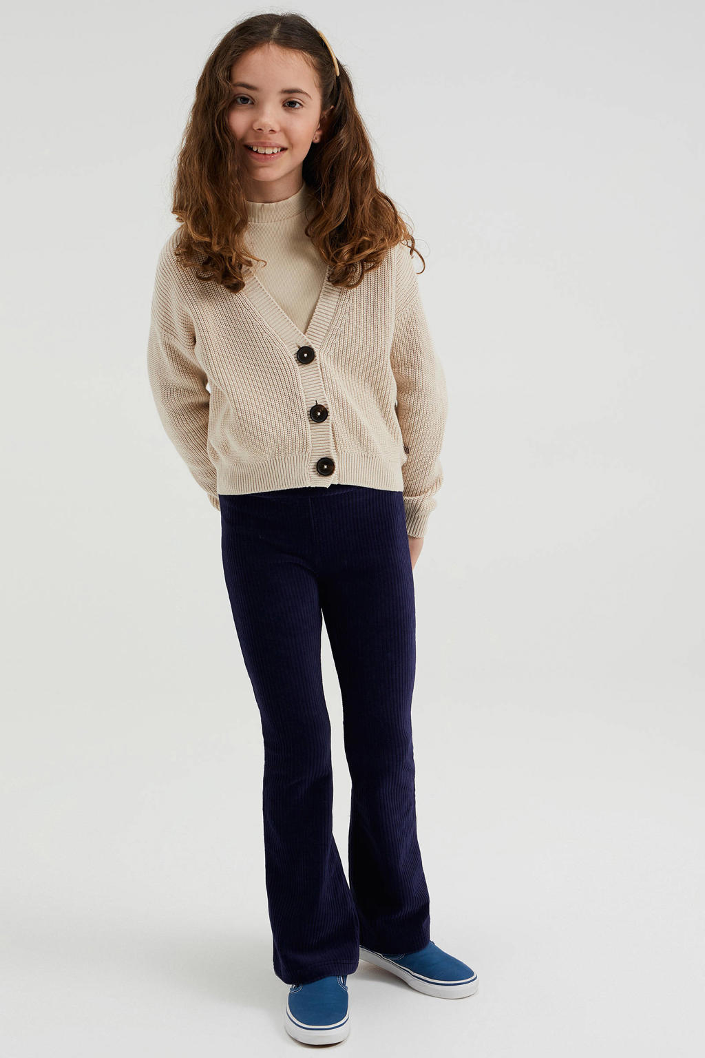 Donkerblauwe meisjes velours flared broek blauw van corduroy met regular waist, elastische tailleband en effen