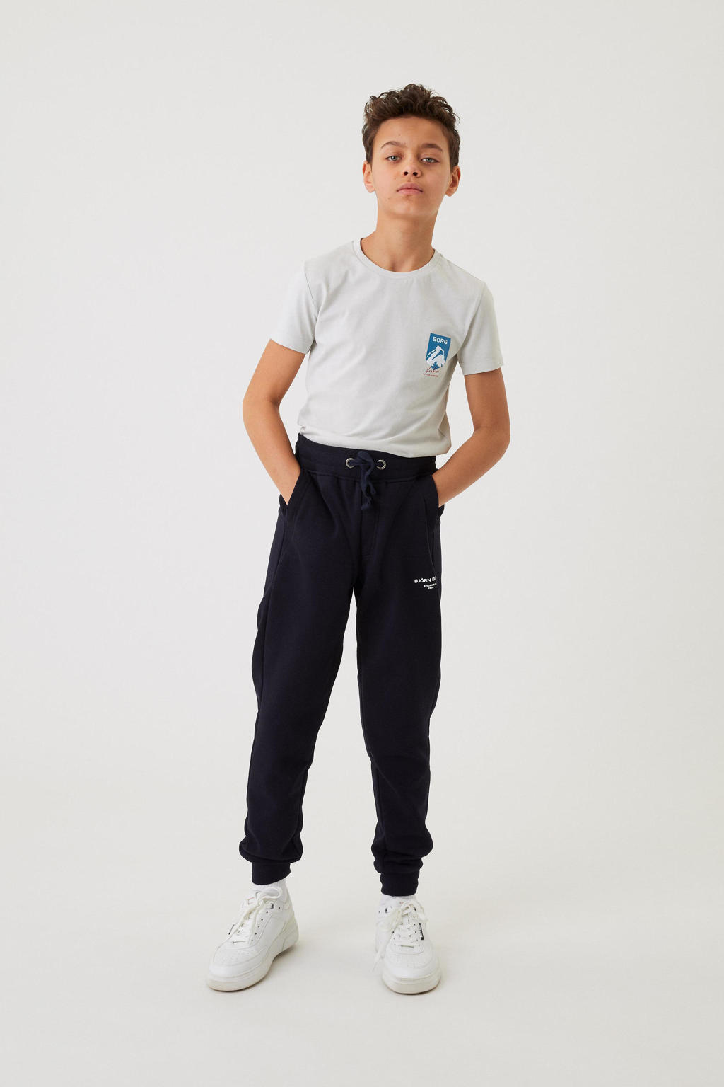 Blauwe jongens Björn Borg tapered fit joggingbroek van sweat materiaal met regular waist, elastische tailleband met koord en logo dessin