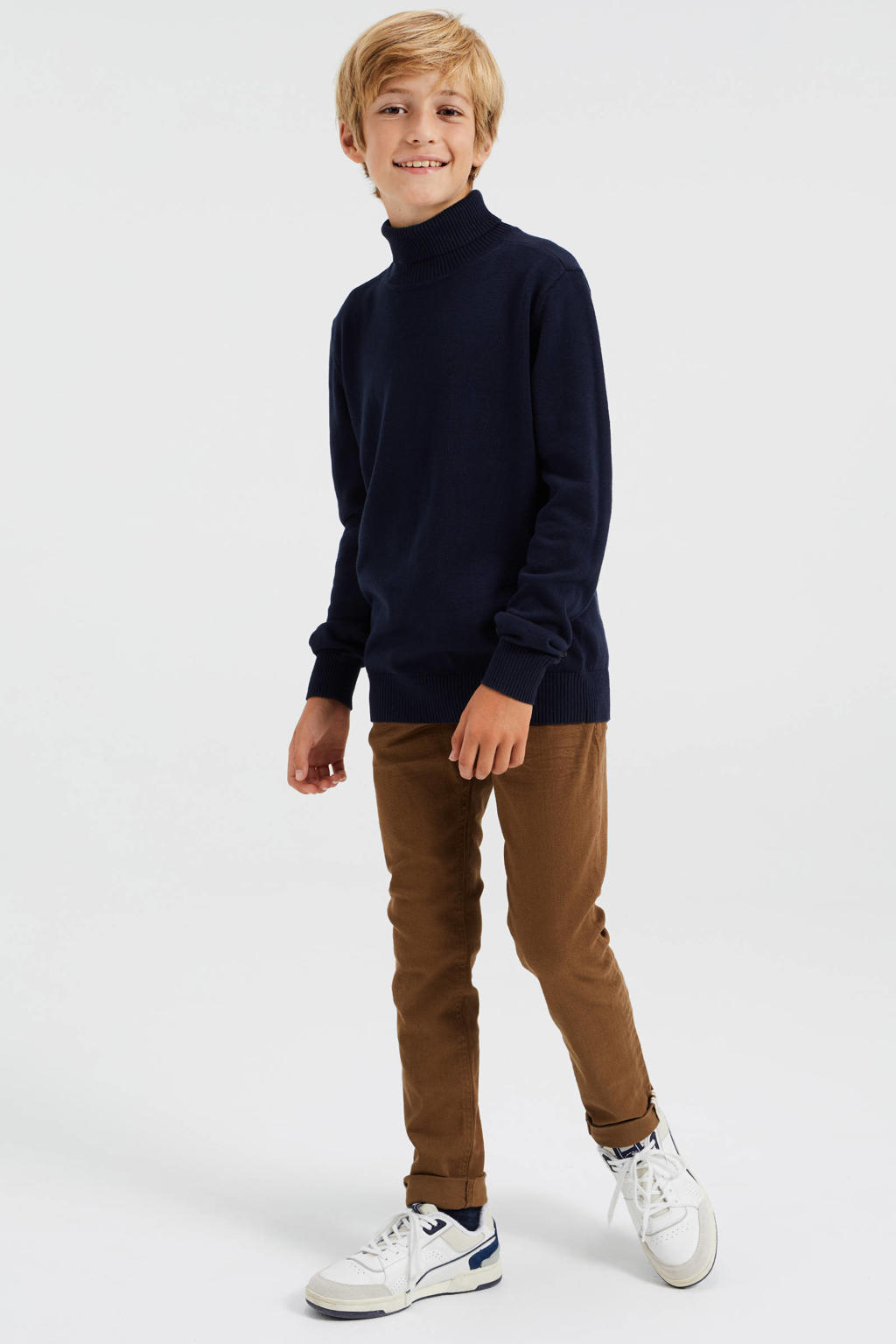 Marineblauwe jongens WE Fashion coltrui van katoen met effen en lange mouwen