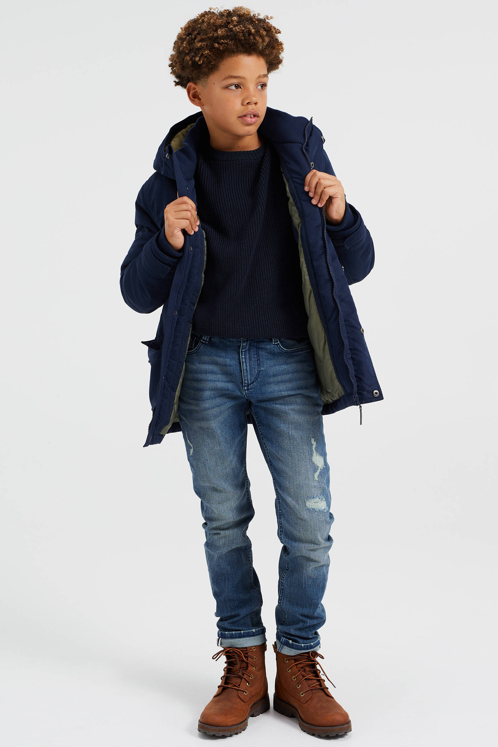 WE Fashion winterjas met tekst donkerblauw kleertjes