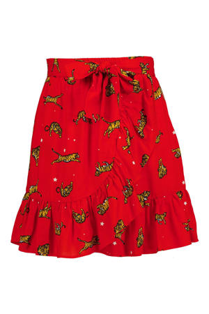 rok met all over print en ruches rood/bruin