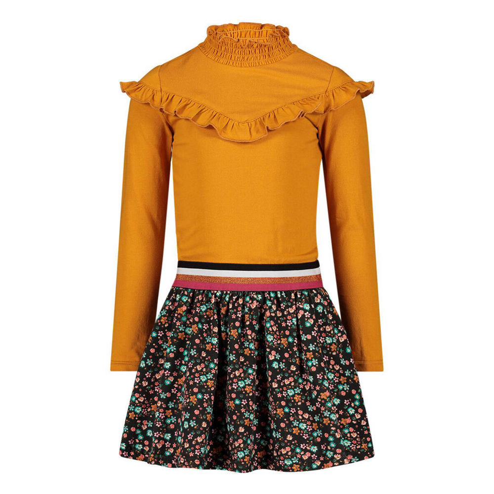 Oranje en multikleurige meisjes Jake Fischer A-lijn jurk van stretchkatoen met print, lange mouwen en opstaande kraag