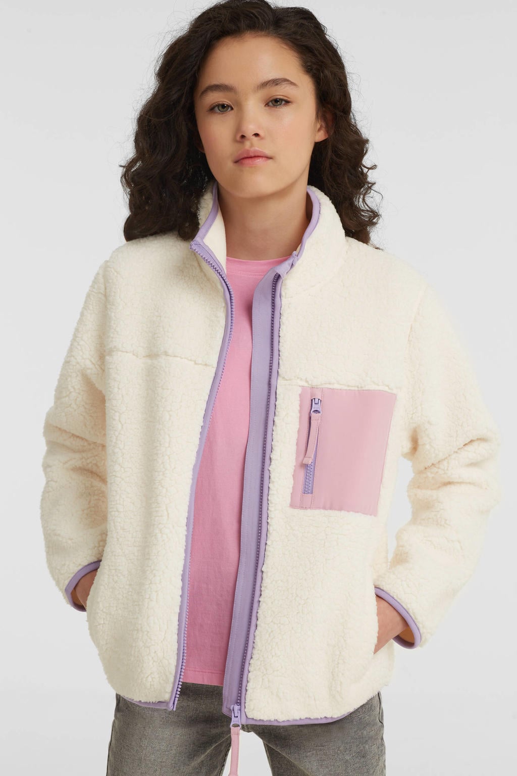 Witte meisjes anytime teddy fleece vest met meerkleurige print, lange mouwen, opstaande kraag en ritssluiting