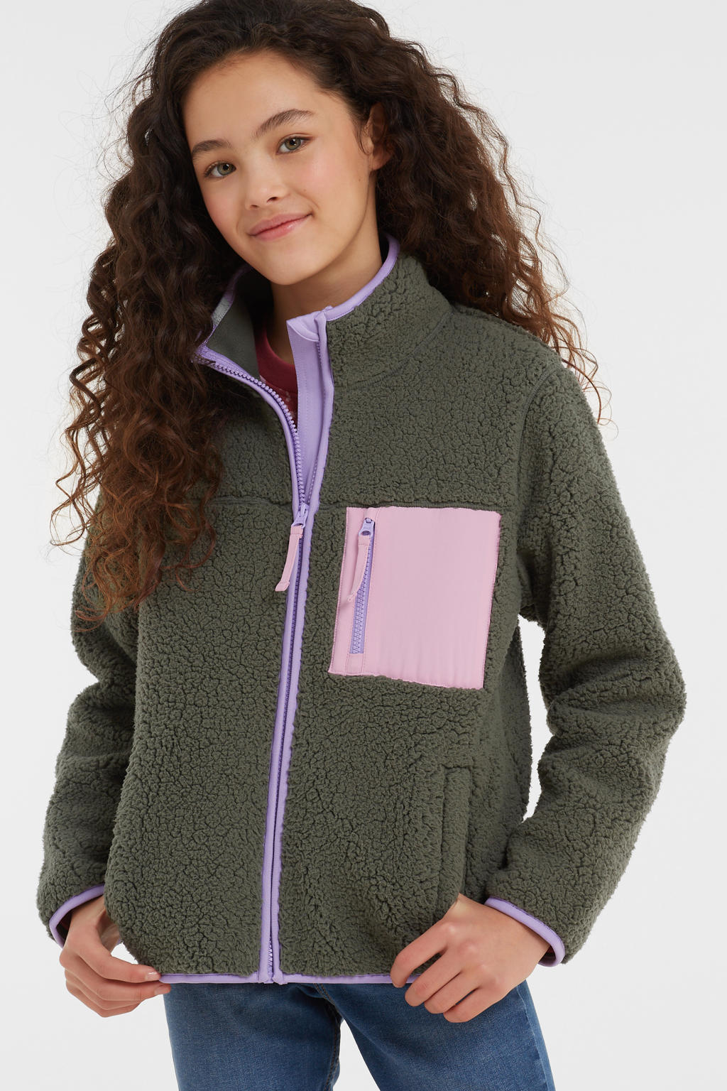 Kakikleurige meisjes anytime teddy fleece vest met meerkleurige print, lange mouwen, opstaande kraag en ritssluiting