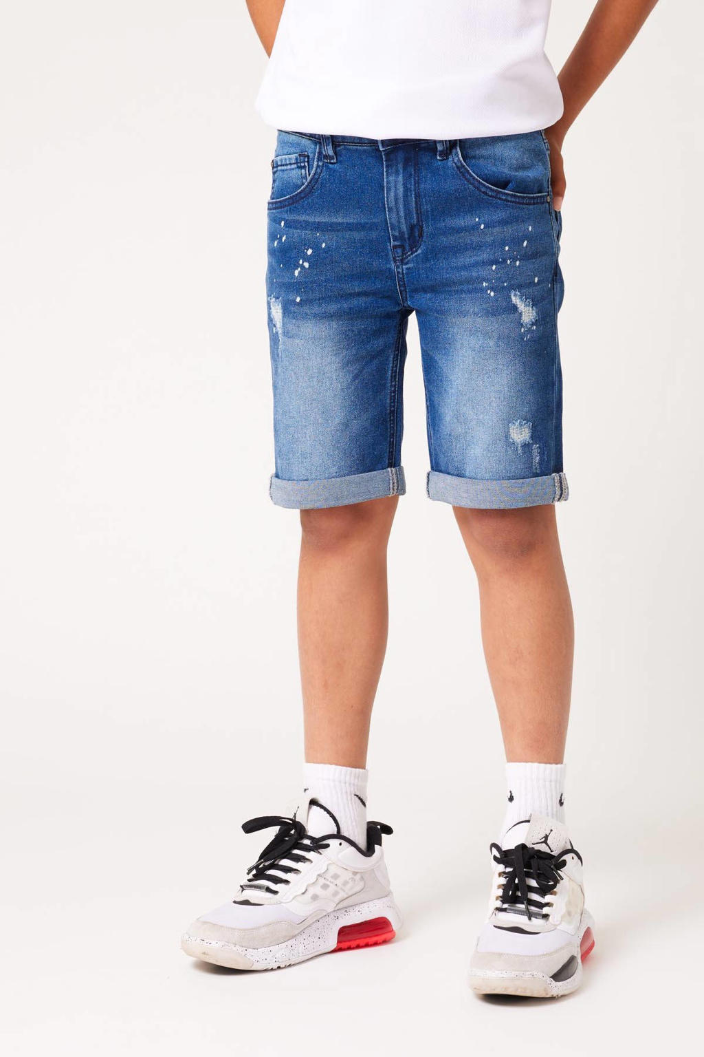 Blauwe jongens CoolCat Junior regular fit jeans bermuda Nick CB van stretchdenim met rits- en knoopsluiting