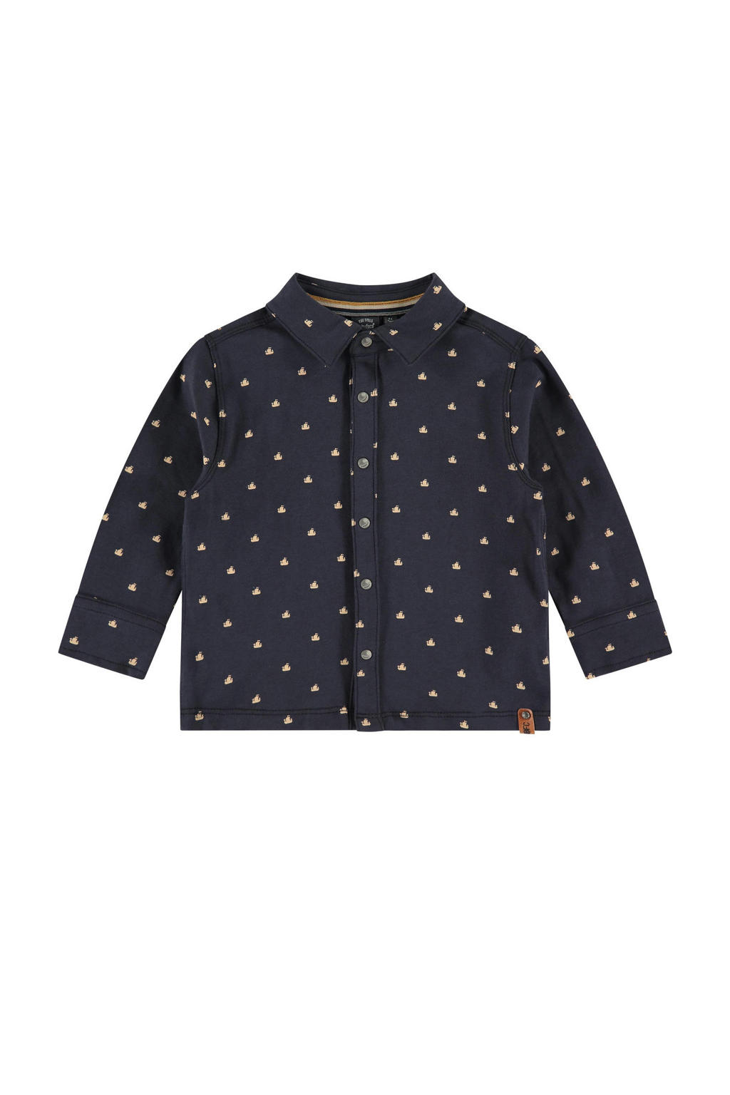 Donkerblauw en witte jongens Babyface overhemd van stretchkatoen met stippenprint, lange mouwen, klassieke kraag en drukknoopsluiting