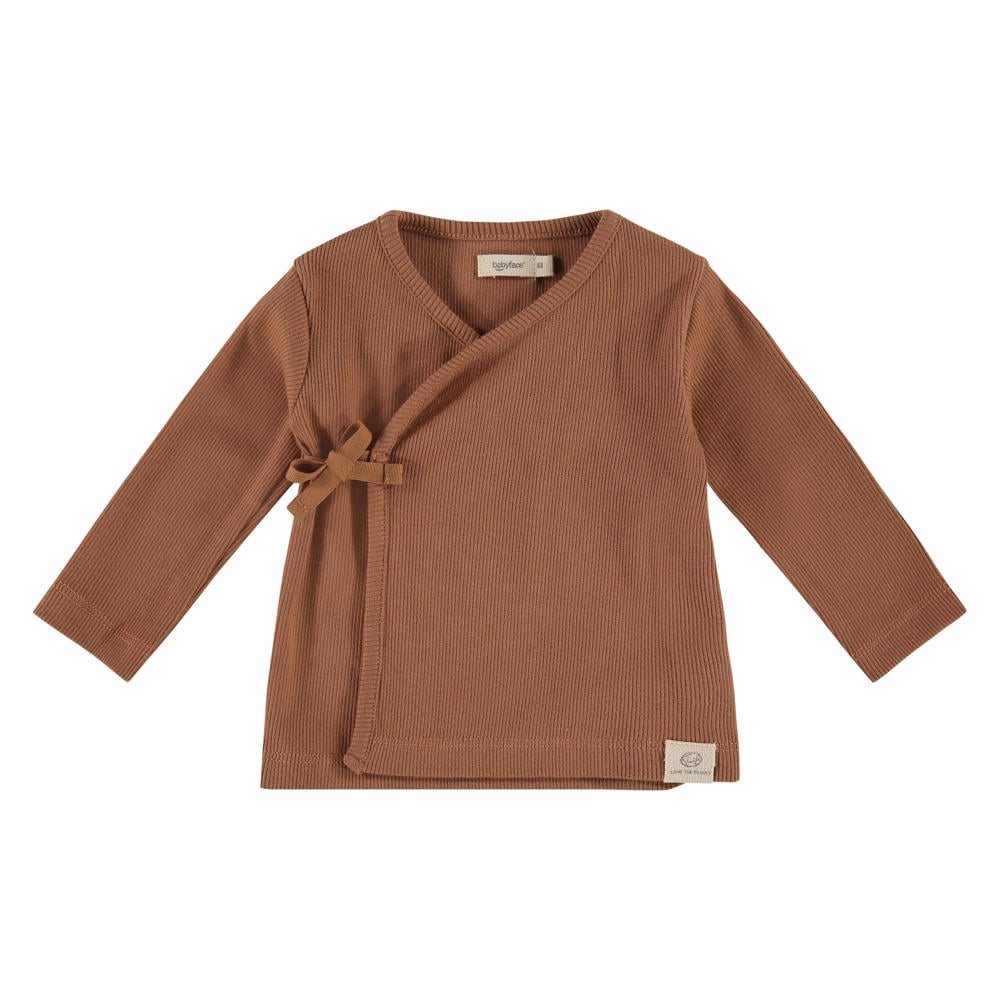 Bruine jongens en meisjes Babyface baby longsleeve van stretchkatoen met effen, lange mouwen, ronde hals, striksluiting en overslag detail