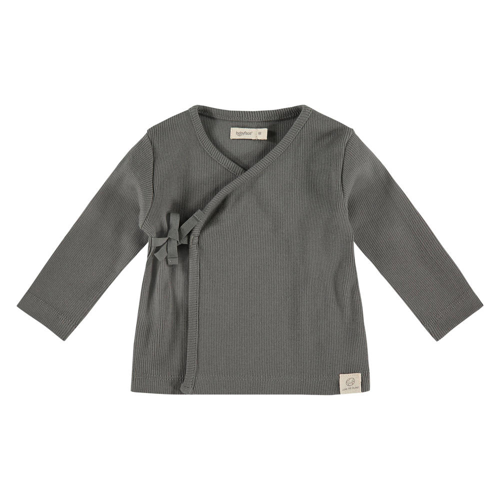 Grijze jongens en meisjes Babyface baby longsleeve van stretchkatoen met effen, lange mouwen, ronde hals, striksluiting en overslag detail