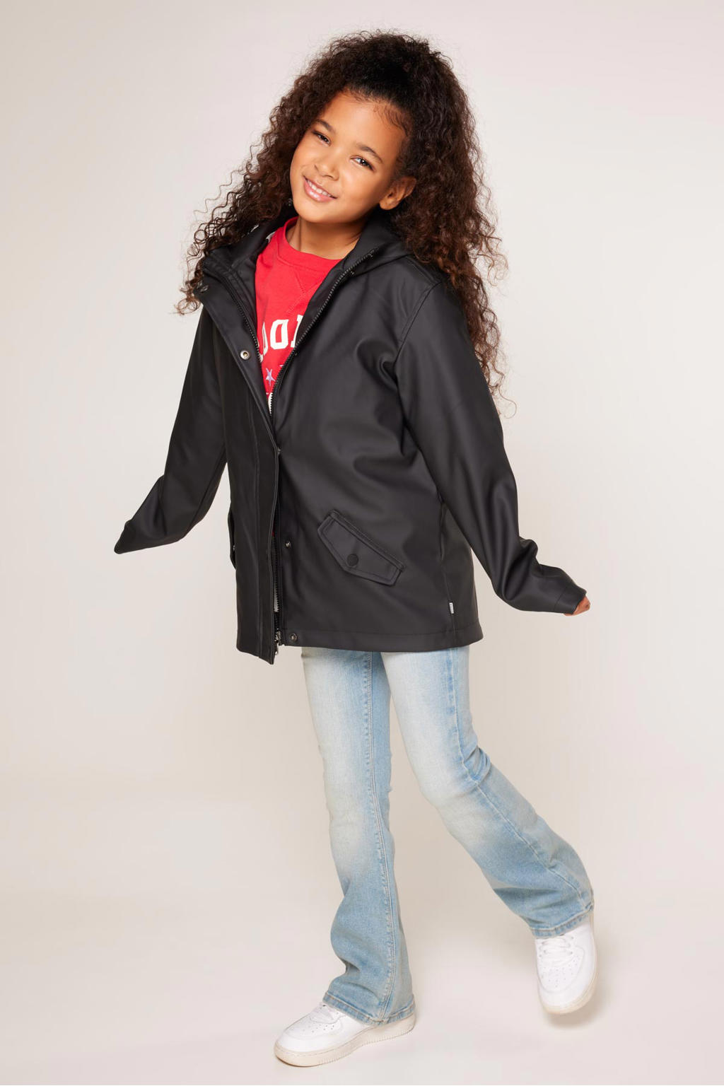 Zwarte meisjes America Today regenjas Janice JR van polyester met effen, lange mouwen, capuchon en rits- en drukknoopsluiting