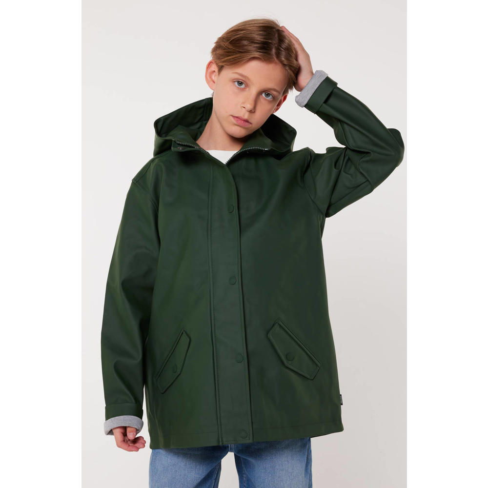 Donkergroene meisjes America Today regenjas Janice JR van polyester met effen, lange mouwen, capuchon en rits- en drukknoopsluiting