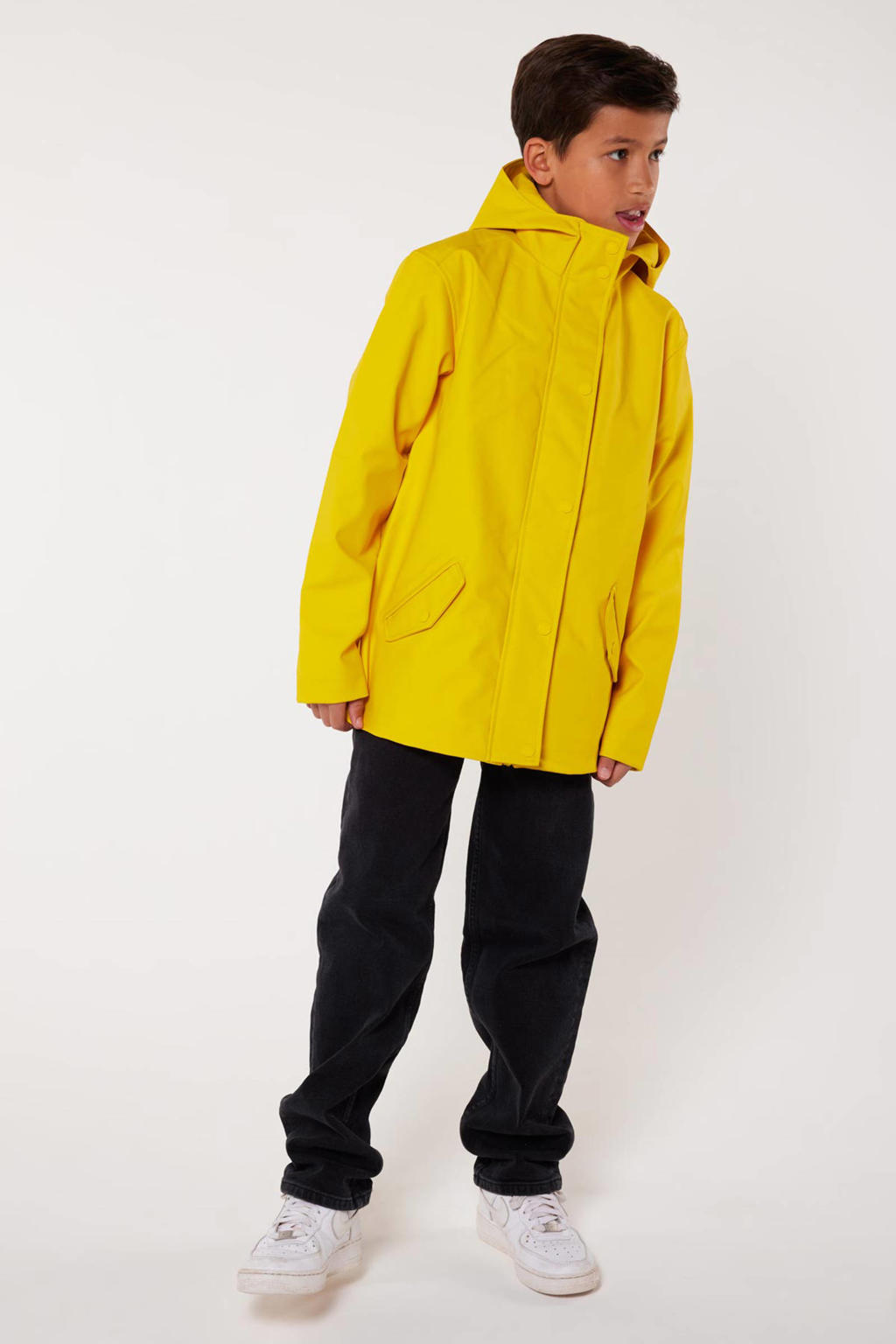 Gele meisjes America Today regenjas Janice JR van polyester met effen, lange mouwen, capuchon en rits- en drukknoopsluiting