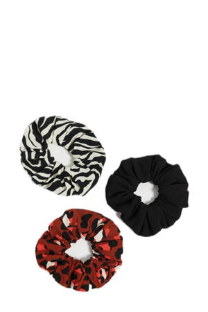 scrunchies met all-over print - set van 3 rood/zwart