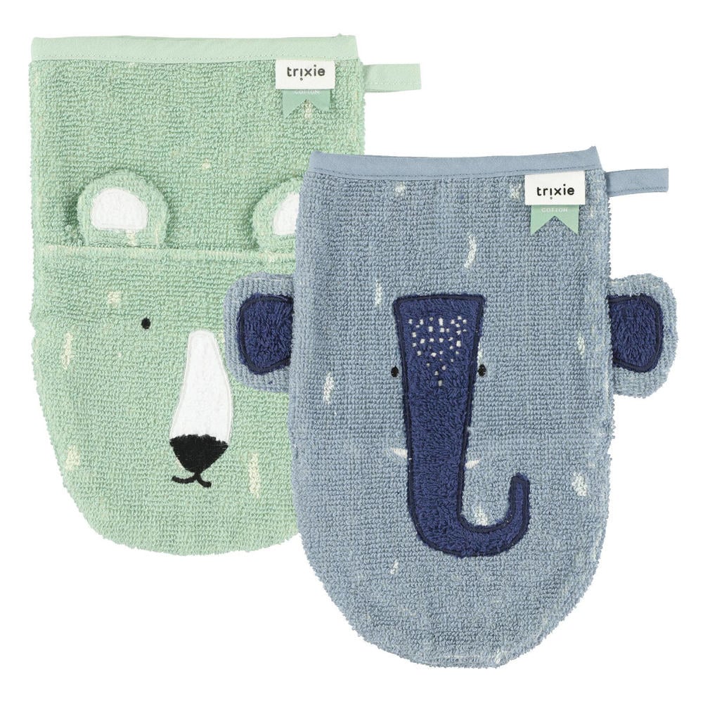 Trixie Mr. Polar Bear - Mrs. Elephant baby washandje - set van 2 blauw/groen
