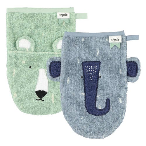Trixie Mr. Polar Bear - Mrs. Elephant baby washandje - set van 2 blauw/groen Hydrofiele washandjes