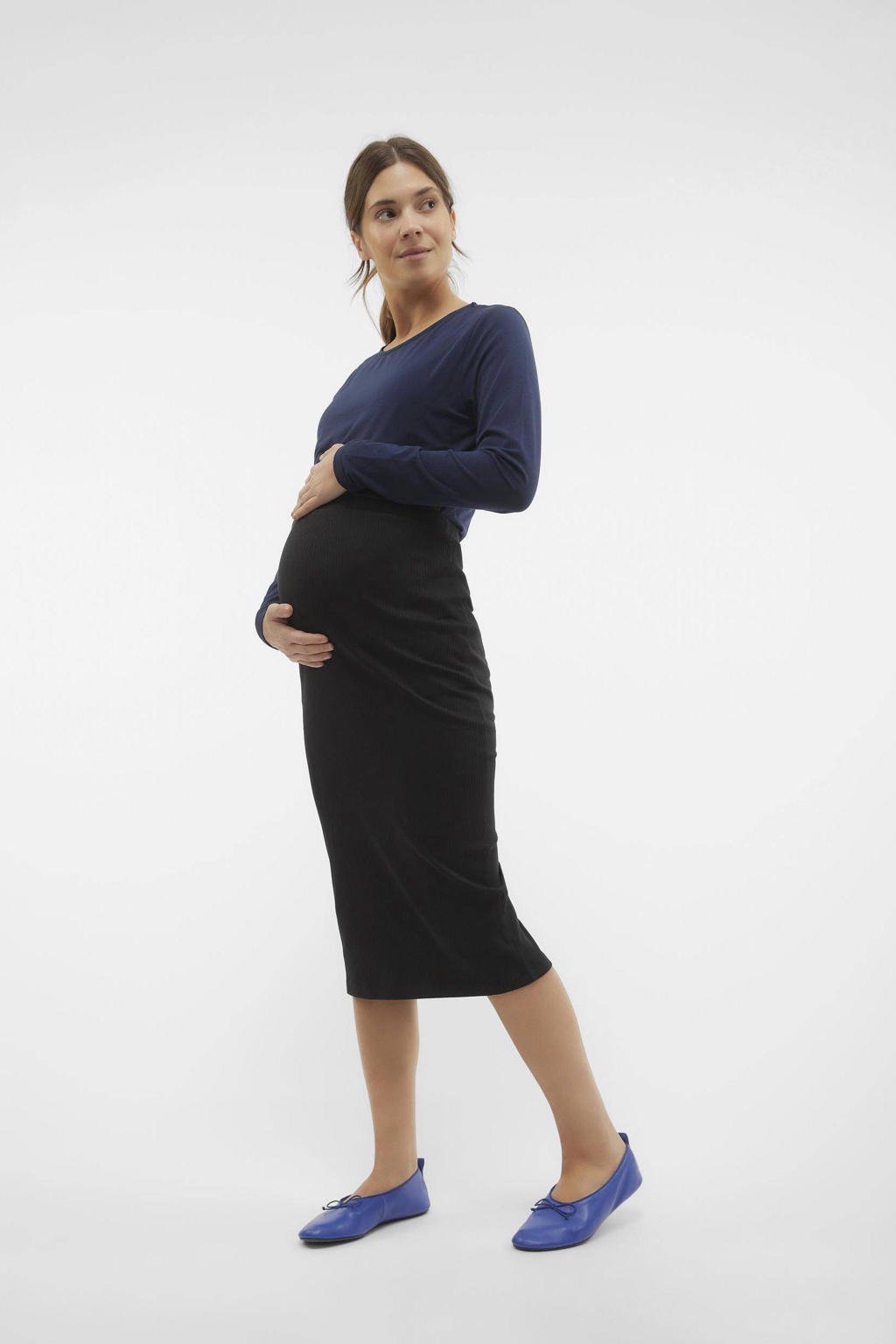 Zwarte dames VERO MODA MATERNITY ribgebreide zwangerschapsrok van duurzaam stretchkatoen met regular waist en elastische tailleband