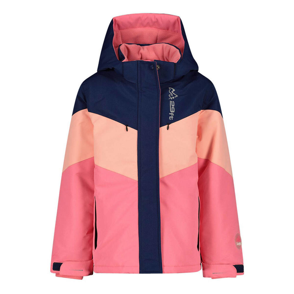 Roze en donkerblauwe meisjes 29FT ski-jack van polyester met meerkleurige print, capuchon en ritssluiting
