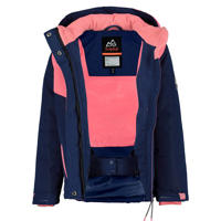thumbnail: Donkerblauw en roze meisjes 29FT ski-jas van gerecycled polyester met meerkleurige print, capuchon en rits- en drukknoopsluiting