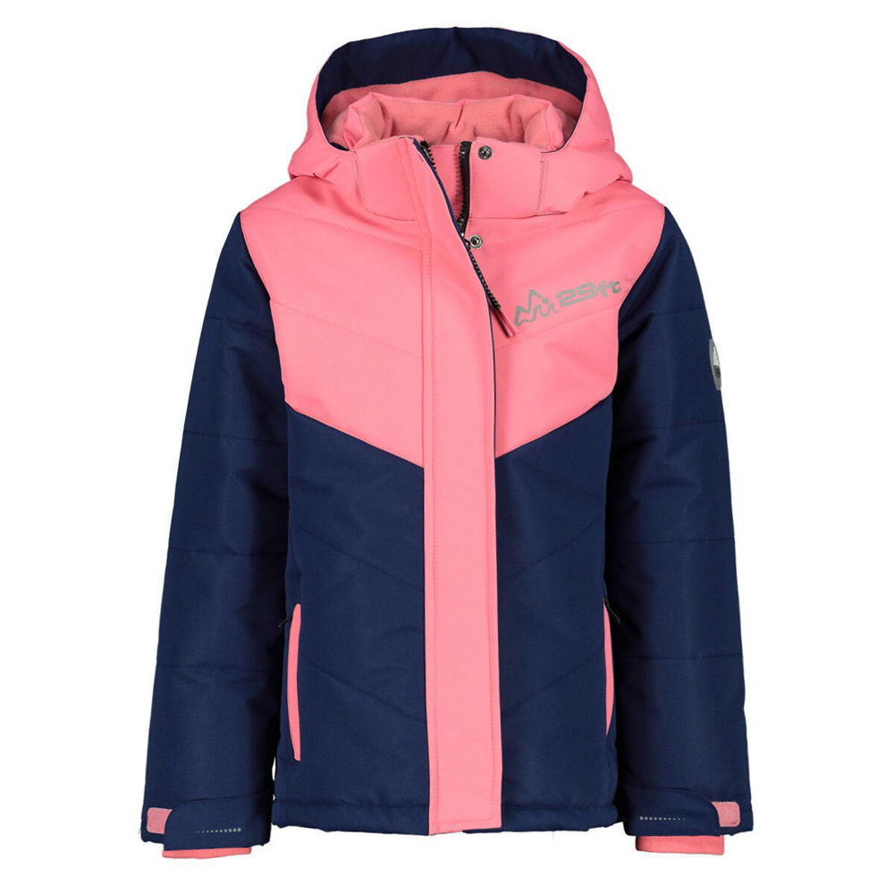 Donkerblauw en roze meisjes 29FT ski-jack van polyester met meerkleurige print, capuchon en rits- en drukknoopsluiting