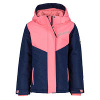 thumbnail: Donkerblauw en roze meisjes 29FT ski-jack van polyester met meerkleurige print, capuchon en rits- en drukknoopsluiting