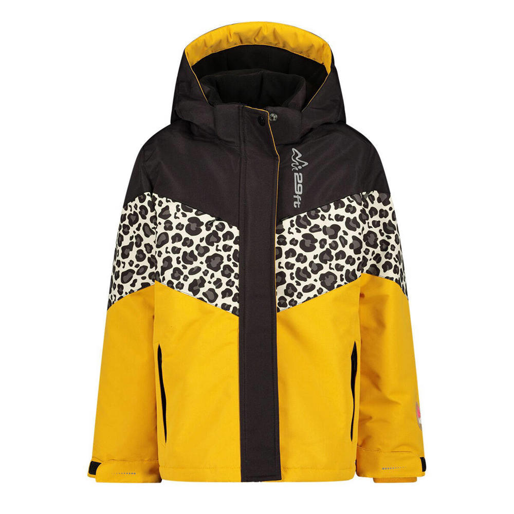 Geel en zwarte meisjes 29FT ski-jack van polyester met panterprint, capuchon en rits- en drukknoopsluiting