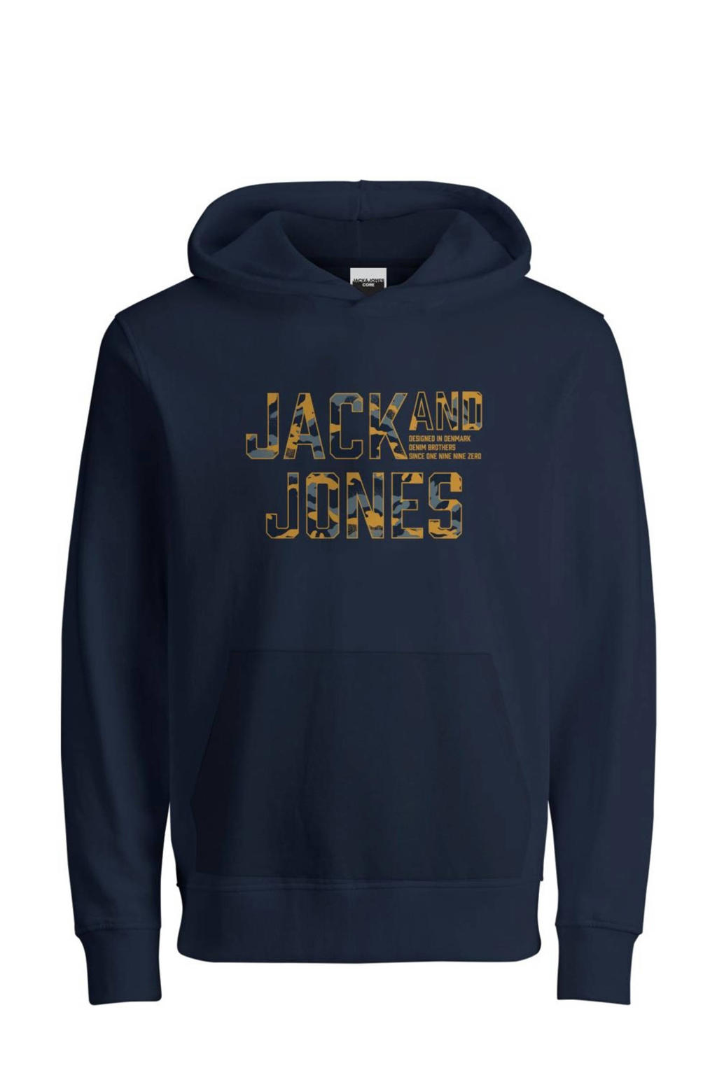 Donkerblauwe jongens JACK & JONES hoodie van sweat materiaal met logo dessin, lange mouwen en capuchon
