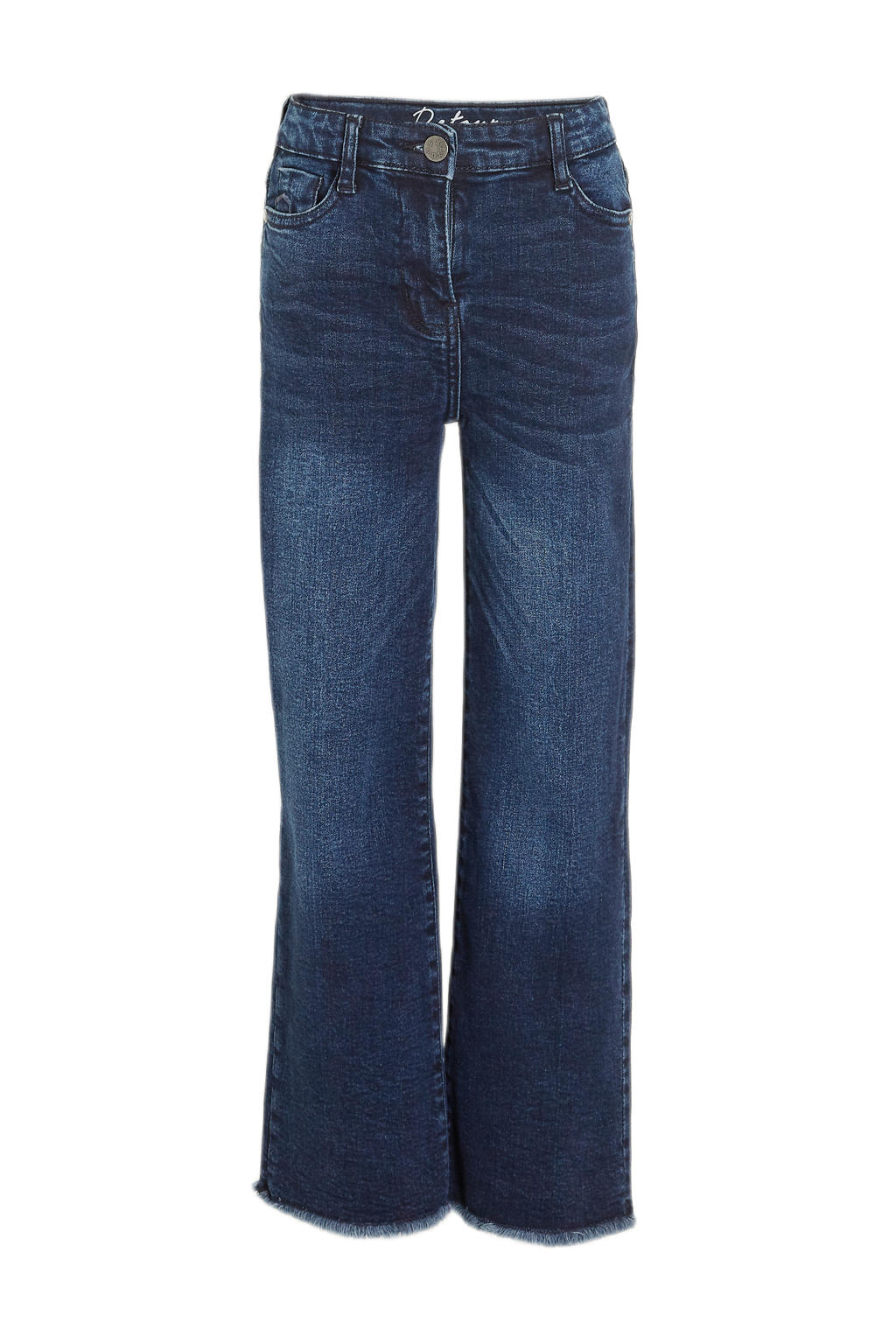 Dark blue denim meisjes Retour Denim high waist wide leg jeans Missour dark blue met rits- en knoopsluiting